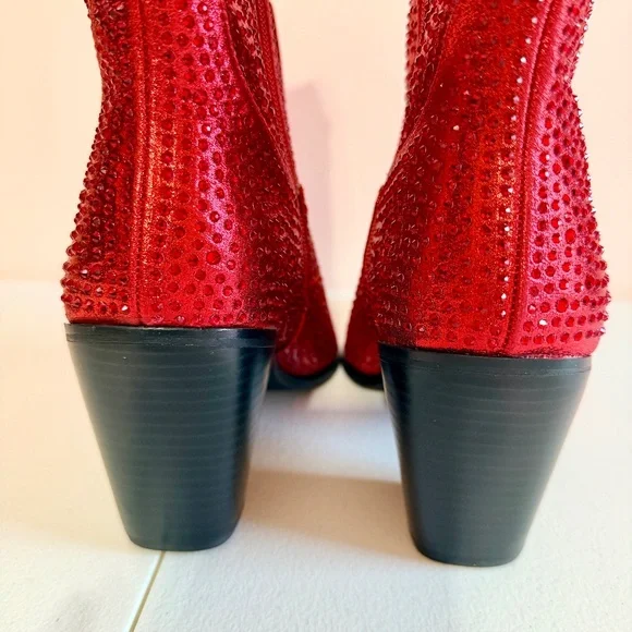 * Berness Sexy Red Rhinestones 3" Block Heel Cowboy Boots - Picture 9 of 10